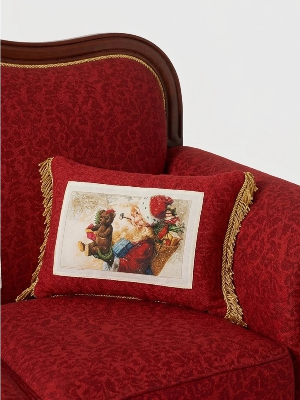 Festive Red Santa Holiday Pillow with Gold Trim